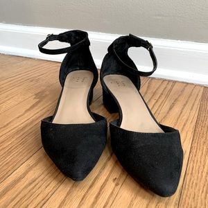 Ankle Strapped Black Faux Suede Pointed Toe Heel